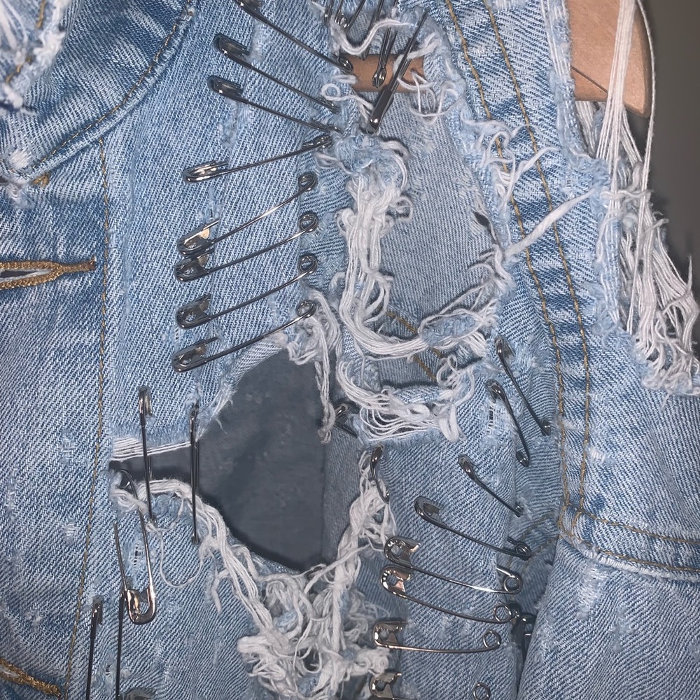 super unique distressed jean jacket